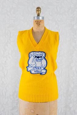 Vintage 60s Kelly Stacy Bulldogs Cheerleader Sweater Vest Yellow Varsity School